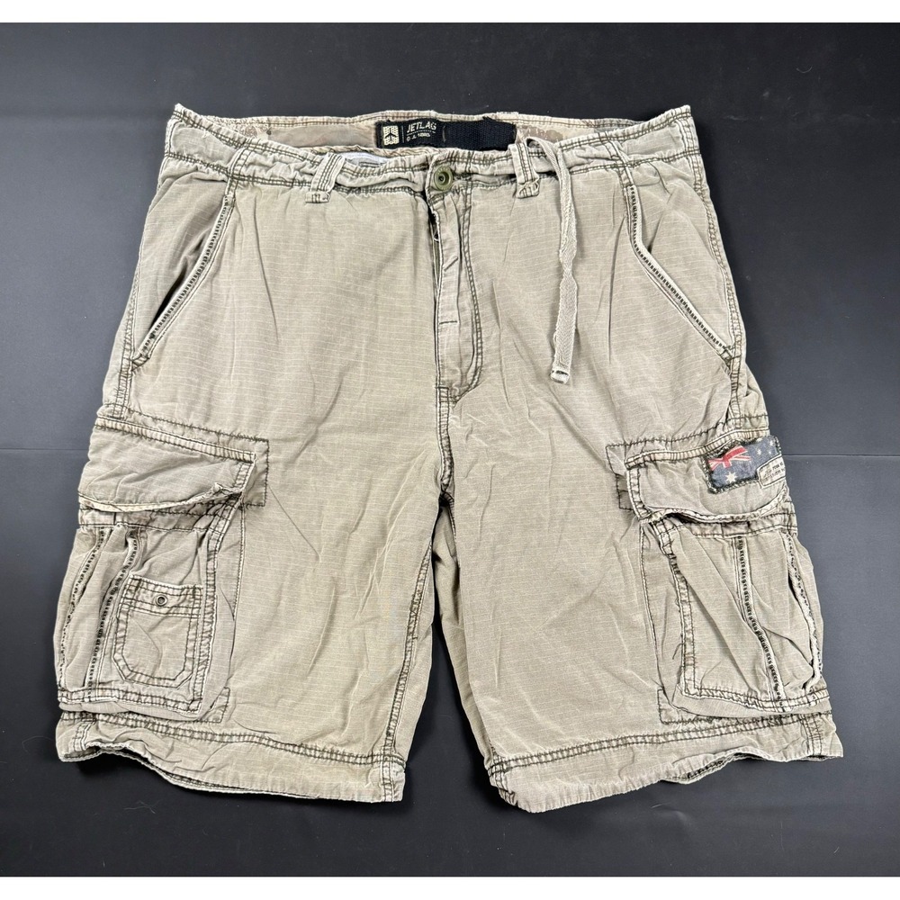 Jet Lag Men's Cargo Shorts Size 36 Taupe Y2K Utility Australian Flag Distressed